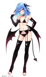 Rule 34 | 1girl, alternate costume, aqua hair, bikini, black gloves, black pantyhose, black thighhighs, blue eyes, blue hair, colored inner hair, demon tail, demon wings, elbow gloves, ex idol, feet, flat chest, gloves, head wings, highres, hololive, hoshimachi suisei, legs, looking at viewer, low wings, multicolored hair, nail polish, navel, no shoes, pantyhose, pubic tattoo, simple background, solo, stirrup legwear, swimsuit, tail, tattoo, thighhighs, toeless legwear, toenail polish, toenails, toes, virtual youtuber, white background, wings