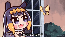 Rule 34 | 1girl, 1other, artist name, black gloves, blush stickers, bug, bush, butterfly, chroneco, commentary, english commentary, english text, fang, gloves, halo, highres, hololive, hololive english, insect, is this a pigeon (meme), meme, ninomae ina&#039;nis, ninomae ina&#039;nis (1st costume), open mouth, purple eyes, purple hair, taiyou no yuusha fighbird, takodachi (ninomae ina&#039;nis), tentacle hair, twitter username, virtual youtuber, window, yuusha series