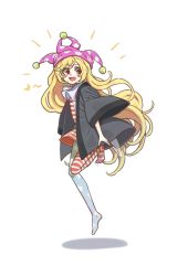 Rule 34 | 1girl, alien (psr992), american flag dress, american flag legwear, blonde hair, blush stickers, clownpiece, dress, fang, full body, hat, highres, japanese clothes, jester cap, kimono, long hair, neck ruff, one-hour drawing challenge, open mouth, pantyhose, pink hat, polka dot, red eyes, romaji text, shadow, short dress, simple background, smile, solo, star (symbol), star print, striped, touhou, very long hair, white background, wide sleeves, yukata