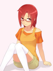 Rule 34 | 10s, 1girl, bespectacled, blush, casual, female focus, glasses, hair down, highres, hino akane (smile precure!), long hair, looking at viewer, orange shirt, precure, red-framed eyewear, red eyes, red hair, shirt, short hair, shorts, smile precure!, solo, thighhighs, touhou, unpale, white thighhighs