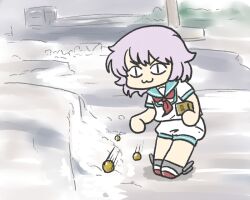 Rule 34 | 1girl, :3, beans, box, ferret-san, green sailor collar, holding, holding box, kantai collection, masu, neckerchief, photo-referenced, purple hair, red neckerchief, sailor collar, school uniform, serafuku, short hair, short sleeves, shorts, slit pupils, snow, solo, tama (kancolle), throwing, white shorts