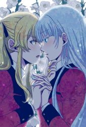 Rule 34 | 2girls, blonde hair, blunt bangs, eye contact, flower, from side, hand on another&#039;s chin, holding hands, interlocked fingers, kakegurui, long hair, looking at another, momobami ririka, multiple girls, saotome mary, tagme, yellow eyes, yuri