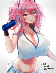 Rule 34 | 1girl, absurdres, amamiya kure, arm at side, azur lane, bare shoulders, black bra, bottle, bow, bra, breasts, bremerton (azur lane), bremerton (scorching-hot training) (azur lane), commentary request, crop top, dated, grey hair, groin, hair between eyes, hair bow, hair ornament, hairclip, highres, large breasts, long hair, looking at viewer, mole, mole under eye, multicolored hair, navel, partial commentary, pink hair, see-through, sportswear, streaked hair, tennis uniform, tongue, tongue out, twintails, twitter username, two-tone hair, two-tone shirt, two-tone skirt, underwear, water bottle, x hair ornament