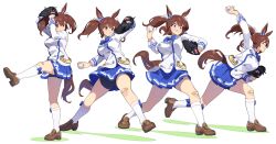 Rule 34 | 1girl, absurdres, animal ears, arms up, bandaid, bandaid on knee, bandaid on leg, baseball, baseball glove, bike shorts, blue skirt, breasts, brown footwear, brown hair, buttons, closed mouth, double-breasted, frown, full body, highres, hishi akebono (umamusume), horse ears, horse girl, horse tail, jacket, kneehighs, loafers, long sleeves, looking afar, medium breasts, medium hair, miniskirt, motion blur, multiple views, nishiki kazue, outstretched arm, pitching, pleated skirt, red eyes, sequential, shoes, skirt, socks, standing, standing on one leg, tail, throwing, twintails, umamusume, upskirt, v-shaped eyebrows, white background, white jacket, white socks