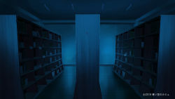 Rule 34 | blue theme, book, bookshelf, commission, copyright request, highres, indoors, kyarage (soda), night, no humans, scenery, watermark