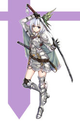 Rule 34 | 1girl, alternate costume, alternate headwear, armor, armored boots, armored dress, bad id, bad pixiv id, belt, blue eyes, boots, butterfly hair ornament, cape, dress, full body, hair ornament, hairband, katana, knight, konpaku youmu, long sleeves, looking at viewer, ootachi, short hair, silver hair, simple background, smile, solo, sword, takemori shintarou, touhou, weapon