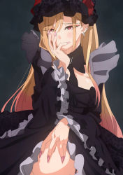 Rule 34 | 1girl, absurdres, black dress, blonde hair, blush, breasts, cleavage, clothes lift, cosplay, dress, dress lift, ear piercing, earrings, flower, flower on head, funeral veil, groin, highres, jewelry, kitagawa marin, kuroe shizuku, kuroe shizuku (cosplay), large breasts, long hair, nail polish, navel, no panties, out-of-frame censoring, piercing, red eyes, screencap, solo, sono bisque doll wa koi wo suru, stitched, stomach, third-party edit, veil
