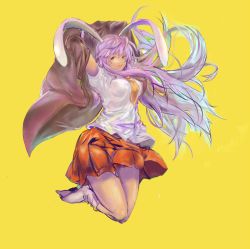 Rule 34 | 1girl, animal ears, breasts, female focus, full body, jumping, large breasts, long hair, necktie, orange eyes, purple hair, rabbit ears, reisen udongein inaba, shirt, simple background, sketch, solo, touhou, unco (pixiv457393), white shirt
