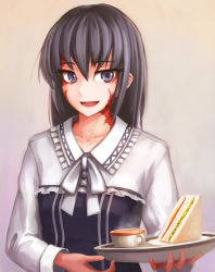 Rule 34 | 1girl, :d, absurdres, black hair, burn scar, collarbone, cup, dorei to no seikatsu ~teaching feeling~, eyebrows, food, highres, holding, holding tray, long hair, looking at viewer, open mouth, plate, purple eyes, ribbon, sandwich, scar, smile, solo, steam, sylvie (dorei to no seikatsu), teacup, tray, upper body, yip