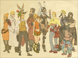 Rule 34 | 00s, 1990s (style), 4girls, 6+boys, animal ears, artist request, auron, bag, balflear, bat wings, belt, black hair, blonde hair, boots, breasts, brown hair, cleavage, cloud strife, coat, crossover, dark-skinned female, dark skin, everyone, final fantasy, final fantasy ix, final fantasy tactics, final fantasy vii, final fantasy vii advent children, final fantasy viii, final fantasy x, final fantasy xii, fran (ff12), glasses, gloves, hands on own hips, hat, high heels, ivalice alliance, lineup, locked arms, long hair, midriff, moogle, multicolored hair, multiple boys, multiple girls, mustadio bunansa, nono (final fantasy), nono (ivalice alliance), object on head, orange hair, pink hair, pointing, ponytail, quistis trepe, rabbit ears, retro artstyle, rikku (ff10), scar, seifer almasy, shoes, short hair, skirt, smile, sunglasses, tank top, tifa lockhart, trench coat, two-tone hair, viera, vivi ornitier, vivi orunitia, white hair, wings, witch hat, wizard hat