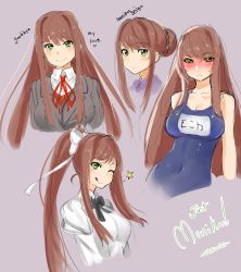 Rule 34 | 1girl, :q, absurdres, alternate costume, bare arms, bare shoulders, black ribbon, blue one-piece swimsuit, blush, breasts, brown hair, casual, character name, cleavage, closed mouth, commentary, cosplay, cropped torso, doki doki literature club, english text, green eyes, grey background, grey jacket, hair between eyes, hair bun, hair intakes, hair ribbon, highres, jacket, juliet sleeves, large breasts, long hair, long sleeves, looking at viewer, monika (doki doki literature club), multiple girls, multiple views, name tag, neck ribbon, nervous smile, one-piece swimsuit, one eye closed, otxoa60, parted lips, ponytail, puffy sleeves, red ribbon, ribbon, school swimsuit, school uniform, simple background, single hair bun, sketch, smile, star (symbol), sweatdrop, swimsuit, tongue, tongue out, very long hair, vest, white ribbon