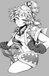 Rule 34 | 1girl, beads, braid, breasts, chrono cross, cleavage, dagger, facial mark, gloves, greyscale, highres, jewelry, kid (chrono cross), knife, long hair, looking at viewer, midriff, monochrome, multi-tied hair, navel, necklace, ponytail, prayer beads, single braid, skirt, smile, solo, tusia, vest, water, weapon