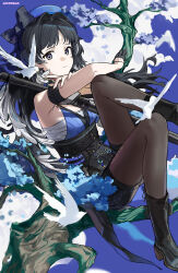 Rule 34 | 1girl, absurdres, arm strap, bandages, bare shoulders, bird, black gloves, black hair, black thighhighs, blue headwear, blue sky, boots, breasts, closed mouth, cloud, feathers, gloves, gohanduck, green eyes, highres, holding, holding sword, holding weapon, long hair, looking at viewer, medium breasts, multicolored hair, outdoors, ribbon, sitting, sky, sword, thighhighs, tree, weapon, white hair, wuthering waves, yangyang (wuthering waves)