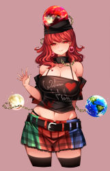 Rule 34 | 1girl, absurdres, bare shoulders, belt, black panties, bra, breasts, chain, cleavage, clothes writing, commentary request, cowboy shot, curvy, earrings, earth (ornament), frilled skirt, frills, gold chain, half-closed eyes, hecatia lapislazuli, highres, jewelry, large breasts, long hair, looking at viewer, midriff, miniskirt, moon (ornament), multicolored clothes, multicolored skirt, navel, panties, pointy ears, raptor7, red eyes, red hair, sad smile, see-through, shirt, simple background, skirt, smile, solo, thighhighs, touhou, underwear, waving, wavy hair, wide hips