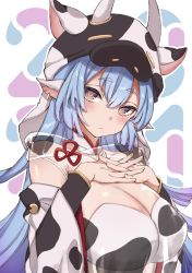 Rule 34 | 2021, animal costume, animal ears, animal print, bikini, breasts, catura (granblue fantasy), cleavage, closed mouth, cow, cow costume, cow ears, cow girl, cow hat, cow hood, cow horns, cow print, cow tail, detached collar, draph, ear piercing, granblue fantasy, hands on own chest, horns, hoshido1214, interlocked fingers, micro shorts, piercing, see-through, shorts, simple background, solo, swimsuit, tail, upper body, white background, white bikini, white shorts