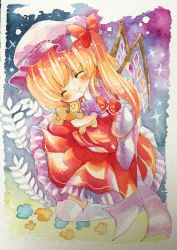 Rule 34 | 1girl, ^ ^, absurdres, blonde hair, blush stickers, chibi, closed eyes, fern, flandre scarlet, frilled skirt, frills, gradient background, happy, hat, hat ribbon, head tilt, highres, kneeling, mob cap, niko (2ars), hugging object, over-kneehighs, painting (medium), puffy short sleeves, puffy sleeves, ribbon, shikishi, short hair, short sleeves, side ponytail, skirt, smile, solo, sparkle, stuffed animal, stuffed toy, teddy bear, thighhighs, touhou, traditional media, watercolor (medium), white thighhighs, wings