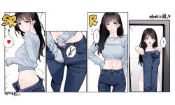 Rule 34 | !, 1girl, black eyes, black hair, crop top, denim, grey shirt, guitar little sister (hitomi o), heart, highres, hitomi o, jeans, long hair, midriff, mole, mole under mouth, navel, open fly, open mouth, original, pants, shirt, simple background, sleeves past wrists, smile, spoken exclamation mark, spoken heart, white background