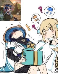 Rule 34 | 1boy, 1girl, ?, ^^^, black shorts, black sleeves, blonde hair, blue cape, blue headwear, blush, box, cape, clothes pull, detached sleeves, dick in a box, finger to mouth, flower, genshin impact, genshin impact sticker redraw (meme), gift, gift box, hair flower, hair ornament, highres, holding, holding box, holding gift, implied penis grab, lumine (genshin impact), meme, mushroom, nervous sweating, official art inset, pants, pants pull, reaching, reference inset, ribbon, scaramouche (genshin impact), screenshot inset, sesield, shirt, shorts, sitting, skirt, speech bubble, sweat, thinking, trembling, very sweaty, wanderer (genshin impact), white shirt, white skirt, yellow eyes, yellow ribbon