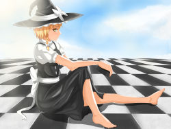 Rule 34 | 1girl, absurdres, bad id, bad pixiv id, blonde hair, blush, checkered floor, cloud, day, du mogu, hat, highres, kirisame marisa, looking at viewer, mini-hakkero, outstretched leg, profile, short hair, sitting, sky, solo, touhou, witch hat, yellow eyes
