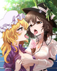 Rule 34 | 2girls, between breasts, black hat, blonde hair, blush, bow, breasts, brown eyes, brown hair, cleavage, collared shirt, commentary request, food, hat, hat bow, highres, ice cream, large breasts, maribel hearn, mob cap, multiple girls, no bra, open mouth, purple shirt, rihito (usazukin), sexually suggestive, shirt, tears, tongue, tongue out, touhou, usami renko, wet, wet clothes, wet shirt, white bow, white hat, white shirt, wing collar, yellow eyes