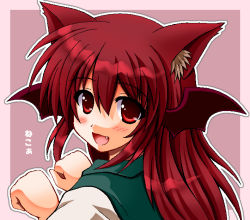 Rule 34 | 1girl, :3, :d, animal ears, bat wings, blush, border, cat ears, cat girl, embodiment of scarlet devil, fang, female focus, head wings, kemonomimi mode, koakuma, long hair, looking at viewer, looking back, nagana sayui, open mouth, outline, paw pose, red eyes, red hair, simple background, smile, solo, touhou, upper body, vest, wings