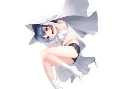 Rule 34 | 1girl, :d, arms up, bad id, bad twitter id, bare legs, black shorts, blanket, blue hair, blush, dolphin shorts, fang, foot out of frame, highres, looking at viewer, mame (hyeon5117), midriff peek, navel, no shoes, open mouth, original, red eyes, shirt, short hair, short shorts, short sleeves, shorts, simple background, skin fang, smile, socks, solo, white background, white shirt, white socks