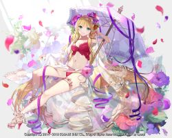 Rule 34 | 1girl, artist name, bad id, bad pixiv id, bikini, blonde hair, breasts, c.seryl, chalice, cleavage, company name, cup, dated, flower, full body, green eyes, hair flower, hair ornament, hand up, high heels, holding, holding cup, kai-ri-sei million arthur, long hair, looking at viewer, medium breasts, million arthur (series), nail polish, navel, official art, parasol, parted lips, petals, pink nails, pink ribbon, purple flower, purple ribbon, red bikini, ribbon, see-through, sitting, smile, solo, swimsuit, thighlet, umbrella, water drop, watermark, white background