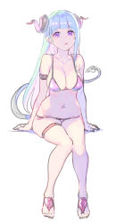 Rule 34 | 1girl, arm strap, bikini, black nails, blue hair, blunt bangs, breasts, colored inner hair, curled horns, demon tail, enkyo yuuichirou, fingernails, highres, horns, invisible chair, large breasts, long hair, looking at viewer, multicolored hair, nail polish, navel, original, parted lips, pink hair, purple bikini, purple eyes, sandals, simple background, sitting, solo, swimsuit, tail, thigh strap, toenail polish, toenails, two-tone hair, white background