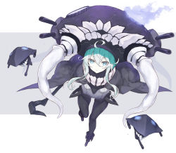 Rule 34 | 10s, 1girl, abyssal ship, ahoge, ankle boots, aqua eyes, bad id, bad pixiv id, black cape, black footwear, bodysuit, boots, cape, colored skin, enemy aircraft (kancolle), expressionless, eyebrows, full body, glowing, glowing eye, goekawa, hair between eyes, kantai collection, leaning forward, looking at viewer, multicolored background, sidelocks, staff, tentacles, thighs, turret, two-tone background, white skin, wo-class aircraft carrier