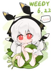 Rule 34 | 1girl, arknights, character name, chibi, closed mouth, commentary request, dated, full body, grey hair, hair between eyes, hair ornament, highres, long hair, looking at viewer, nude, plant, red eyes, shixietianhen, short eyebrows, solo, spoken blush, thick eyebrows, very long hair, weedy (arknights), x hair ornament