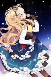 Rule 34 | 1girl, bad id, bad pixiv id, black pantyhose, blonde hair, blue dress, blue eyes, blush, dress, frills, from side, gloves, gotmil, heart, long hair, long sleeves, night, night sky, pantyhose, profile, skirt hold, sky, solo, sparkle, star (sky), starry sky, starry sky print, sword girls, twintails