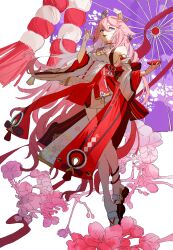 Rule 34 | 1girl, absurdres, animal ear piercing, animal ears, breasts, cup, detached sleeves, floating clothes, floating hair, floral background, fox ears, fox shadow puppet, genshin impact, hair between eyes, hair ornament, hand up, highres, holding, holding cup, japanese clothes, kimono, kurattes, long hair, no socks, nontraditional miko, open mouth, pink hair, purple eyes, sakazuki, sandals, short kimono, sleeveless, sleeveless kimono, smile, solo, very long hair, yae miko