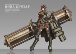 Rule 34 | 1girl, absurdres, breasts, brown eyes, brown hair, cleavage, cleavage cutout, clothing cutout, commentary, full body, gun, hat, highres, huge weapon, large breasts, len brew, long legs, pixiv fantasia, pixiv fantasia t, pointy ears, reflective floor, solo, thighhighs, weapon