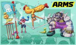 Rule 34 | 1girl, 3boys, aqua background, arms (game), basket, clown, clown nose, cobushii (arms), confetti, copyright name, crowd, flag, gloves, highres, kneeling, lola pop, mask, master mummy (arms), monochrome background, multicolored hair, multiple boys, nintendo, official art, pompadour, ribbon, shorts, spring man (arms), two-tone hair, upside-down, white gloves, yamamoto yuu