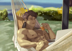 Rule 34 | 1boy, abs, bara, blurry, blurry background, bush, closed eyes, glass bottle, grass, haikyuu!!, hammock, highres, holding, holding laptop, laptop, male focus, muscular, muscular male, ocean, oikawa tooru (haikyuu!!), open mouth, outdoors, pectorals, photo-referenced, simonsuke, smile, solo, sunlight