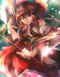 Rule 34 | 1girl, absurdres, bad id, bad pixiv id, bow, brown eyes, brown hair, detached sleeves, hair bow, hakurei reimu, highres, hizagawa rau, holding, japanese clothes, long hair, looking at viewer, miko, ofuda, open mouth, solo, touhou, twintails, yin yang