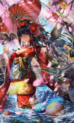 Rule 34 | 1girl, bird, black hair, blue eyes, breasts, cherry blossoms, cleavage, female focus, flower, hair ornament, highres, japanese clothes, jewelry, kimono, large breasts, lipstick, looking at viewer, makeup, necklace, oil-paper umbrella, original, petals, river, sidelocks, solo, sunlight, tako seijin, tanabata, umbrella