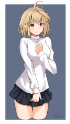 Rule 34 | 1girl, ahoge, antenna hair, arcueid brunestud, bare legs, blonde hair, breasts, closed mouth, commentary, cropped legs, hair intakes, highres, long bangs, long sleeves, looking at viewer, medium breasts, red eyes, short hair, skirt, smile, solo, sweater, tsukihime, tsukihime (remake), ttumupen, turtleneck, turtleneck sweater, white sweater