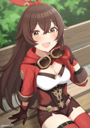 Rule 34 | 1girl, :d, amber (genshin impact), bench, blush, breasts, brown gloves, brown hair, brown shorts, cleavage, genshin impact, gloves, goggles, hairband, highres, jacket, looking at viewer, medium breasts, open clothes, open jacket, open mouth, panna444, red jacket, short shorts, shorts, sitting, smile, thighhighs