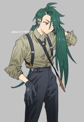Rule 34 | 1girl, ahoge, androgynous, black gloves, black necktie, black pants, bright pupils, collared shirt, cowboy shot, creatures (company), ear piercing, earrings, from side, game freak, gloves, green hair, grey background, hair lift, hair over one eye, hand on own thigh, highres, jewelry, long hair, low ponytail, mame moyashi, necktie, nintendo, pants, piercing, pokemon, pokemon sv, red eyes, reverse trap, rika (pokemon), shirt, shirt tucked in, signature, simple background, solo, standing, swept bangs, twitter username, white pupils, yellow shirt