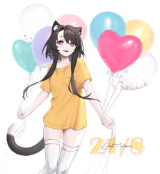 Rule 34 | 1girl, :d, absurdres, animal ear fluff, animal ears, artist name, artist self-insert, balloon, cat ears, cat tail, commentary, dated, feet out of frame, highres, holding, holding balloon, long hair, looking at viewer, open mouth, original, red eyes, shirt, short sleeves, signature, simple background, smile, solo, standing, svet yomi, tail, thighhighs, thighs, very long hair, white background, white thighhighs, yellow shirt