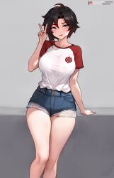 Rule 34 | 1girl, ahoge, alternate costume, bare legs, black hair, bluefield, breasts, casual, collarbone, colored tips, curvy, cutoffs, denim, denim shorts, feet out of frame, grey eyes, head tilt, highres, large breasts, leaning back, multicolored hair, open mouth, raglan sleeves, red hair, ruby rose, rwby, shirt tucked in, short hair, short shorts, short sleeves, shorts, simple background, smile, v, wide hips
