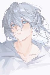 Rule 34 | 1boy, bishounen, blue eyes, collarbone, commentary, final fantasy, final fantasy xiv, floating hair, grey hair, hair between eyes, highres, looking afar, looking up, male focus, na unoaida, portrait, short hair, simple background, sketch, smile, solo, themis (ff14), white background