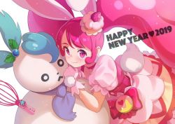 Rule 34 | 1girl, 2019, animal ears, blush, camembert chizuko, closed mouth, cure whip, dress, floating hair, gloves, hairband, happy new year, julio (precure), kirakira precure a la mode, layered dress, long hair, magical girl, new year, pink hair, precure, rabbit ears, rabbit tail, red eyes, red hairband, short sleeves, smile, tail, usami ichika, very long hair, white gloves