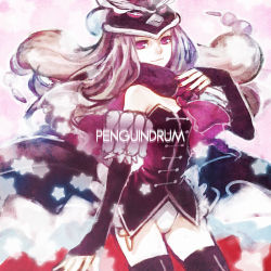 Rule 34 | 10s, 1girl, animal hat, bad id, bad pixiv id, bare shoulders, black thighhighs, boots, brown hair, elbow gloves, gloves, hat, long hair, mawaru penguindrum, muted color, princess of the crystal, purple eyes, solo, takakura himari, thigh boots, thighhighs, uroko (mnr)