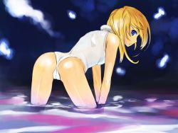 Rule 34 | 1girl, all fours, ass, back, bent over, blonde hair, blue eyes, cameltoe, casual one-piece swimsuit, female focus, from behind, looking back, michael f91, one-piece swimsuit, profile, sky, solo, spread legs, swimsuit, wading, wallpaper, water, wedgie, white one-piece swimsuit