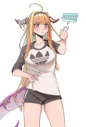 Rule 34 | 1girl, absurdres, adidas, ahoge, alternate costume, black hairband, black shorts, blonde hair, blunt bangs, blush, bow, bowtie, braid, casual, collarbone, cropped legs, diagonal-striped bow, dragon girl, dragon horns, dragon tail, electric razor, english text, fang, hairband, hand on own hip, hand up, highres, holding, hololive, horn bow, horn ornament, horns, kiryu coco, logo, long hair, looking at object, multicolored eyes, multicolored hair, orange hair, pointy ears, purple eyes, red eyes, scales, shirt, shorts, simple background, single braid, skin fang, sleeves rolled up, solo, streaked hair, sweat, tail, very long hair, virtual youtuber, white background, xiaoju xiaojie