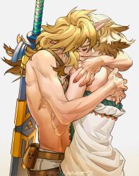 Rule 34 | 1boy, 1girl, bare shoulders, belt, belt pouch, biting, blonde hair, blush, braid, closed eyes, covered face, crown braid, dress, earrings, eyelashes, fingernails, from side, hand on another&#039;s back, hand on another&#039;s shoulder, hetero, hug, jewelry, link, long hair, master sword, nintendo, niteo07, pointy ears, pouch, princess zelda, profile, sheath, sheathed, simple background, strapless, strapless dress, sword, the legend of zelda, the legend of zelda: tears of the kingdom, toned, topless male, twitter username, upper body, weapon, weapon on back, white background, white dress