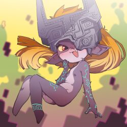 Rule 34 | 1girl, ass, bare shoulders, blonde hair, blunt ends, blurry, breasts, colored sclera, colored skin, commentary, depth of field, dusk, english commentary, fang, floating, grey skin, hand on own face, helmet, highres, light blush, long hair, looking at viewer, midna, multicolored skin, navel, neon trim, nintendo, no nose, one eye covered, open mouth, orenji (wholesomeorenji), pointy ears, ponytail, red eyes, small breasts, smile, solo, straight hair, the legend of zelda, the legend of zelda: twilight princess, two-tone skin, very long hair, yellow sclera