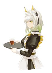 Rule 34 | 1girl, alcohol, animal ear fluff, animal ears, apron, arknights, black dress, black ribbon, closed mouth, commentary, cowboy shot, cropped torso, dress, english commentary, from side, glass, gradient hair, green eyes, green hair, hair ribbon, holding, holding tray, juliet sleeves, kal&#039;tsit (arknights), long sleeves, looking at viewer, looking to the side, maid, maid apron, maid headdress, medium hair, multicolored hair, nejikyuu, puffy sleeves, ribbon, simple background, solo, tray, white background, white hair